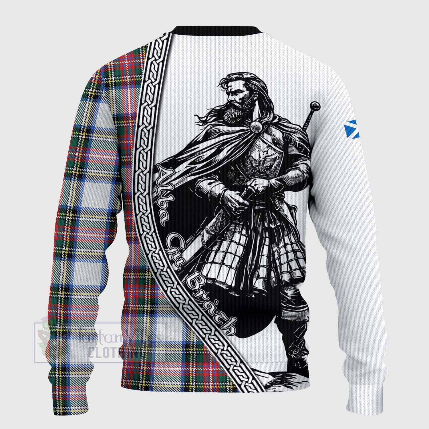 Dennistoun Tartan Clan Crest Knitted Sweater with Highlander Warrior Celtic Style - Tartan Vibes Clothing