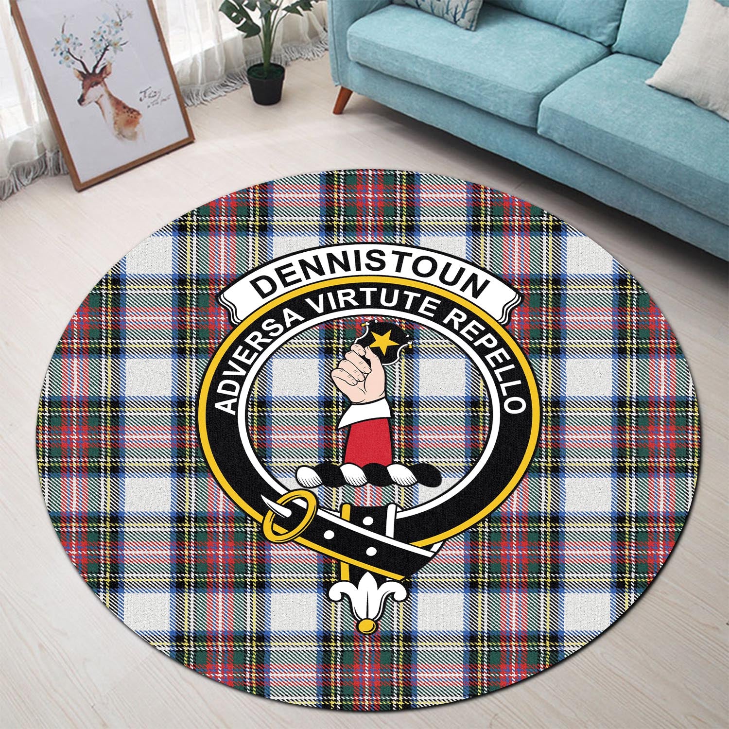Dennistoun Tartan Round Rug with Family Crest - Tartan Vibes Clothing