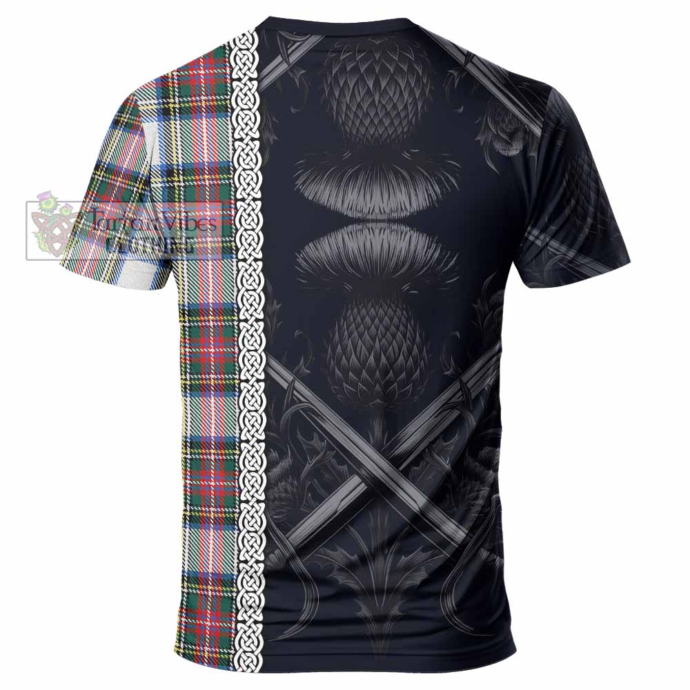Dennistoun Tartan T-Shirt with Family Crest Cross Sword Thistle Celtic Vibes - Tartan Vibes Clothing