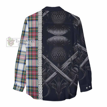 Dennistoun Tartan Women's Casual Shirt with Family Crest Cross Sword Thistle Celtic Vibes - Tartan Vibes Clothing