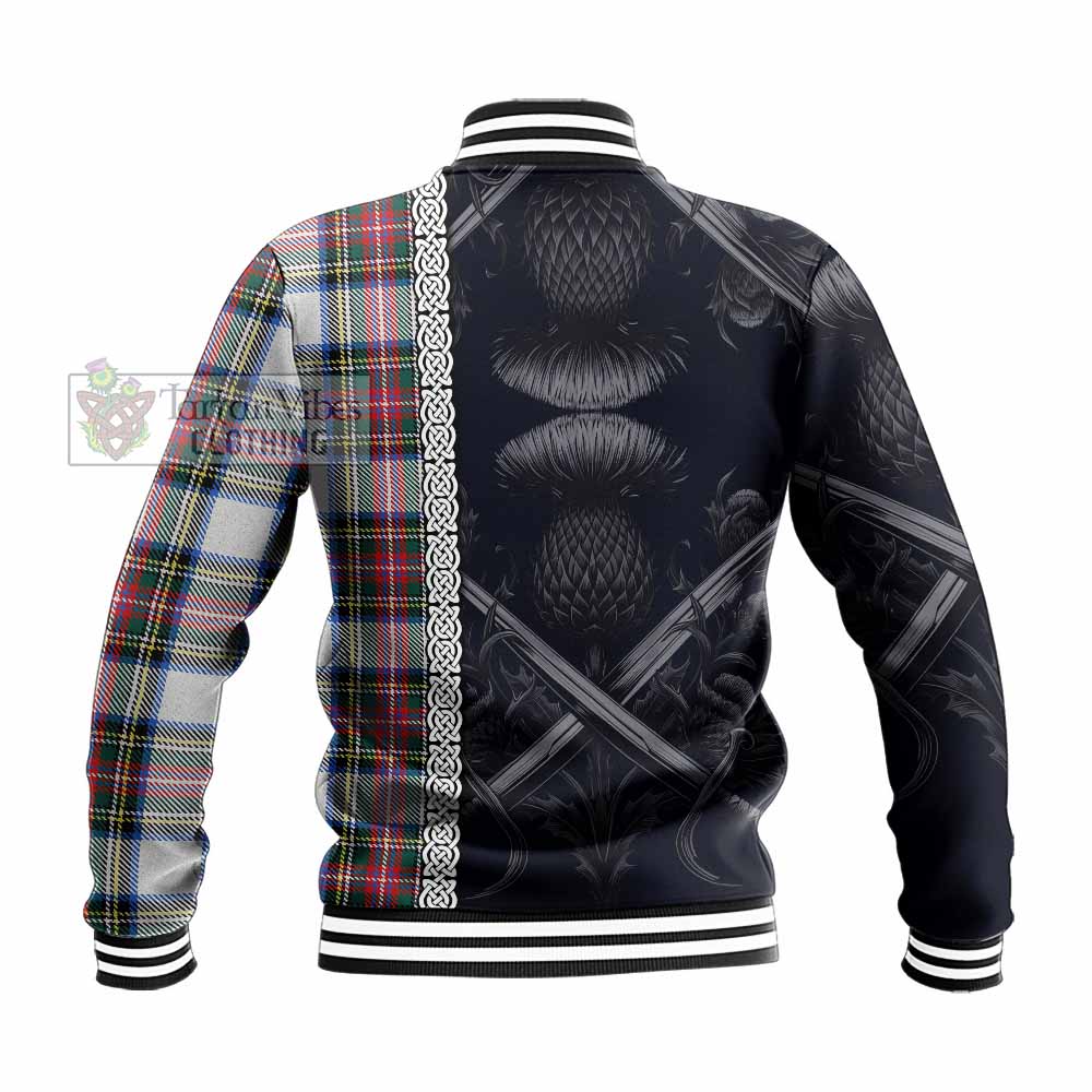 Dennistoun Tartan Baseball Jacket with Family Crest Cross Sword Thistle Celtic Vibes - Tartan Vibes Clothing