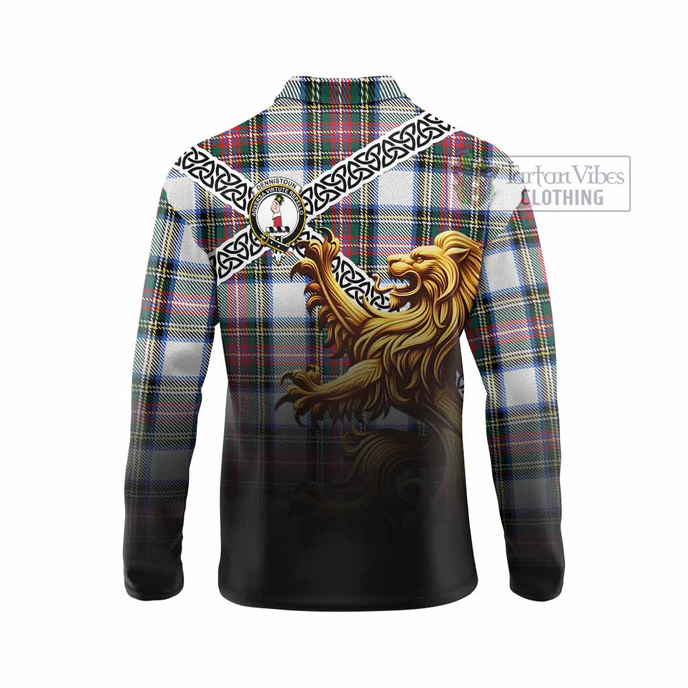 Dennistoun Crest Tartan Long Sleeve Polo Shirt with Golden Lion Emblem Celtic Style - Tartan Vibes Clothing