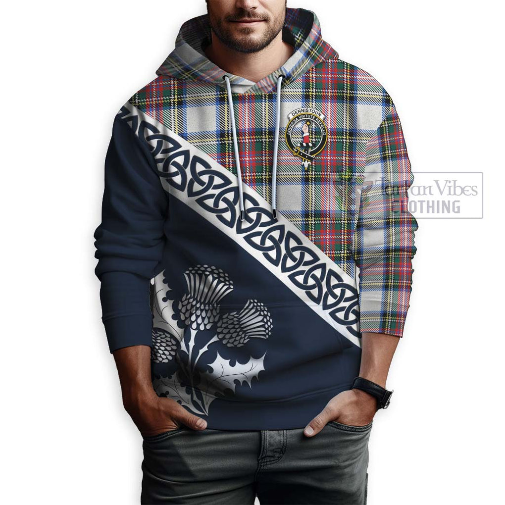 Dennistoun Tartan Hoodie Featuring Thistle and Scotland Map - Tartan Vibes Clothing