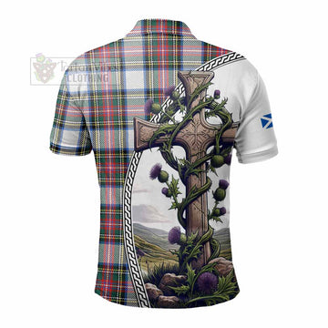Dennistoun Tartan Polo Shirt with Family Crest and St. Andrew's Cross Accented by Thistle Vines - Tartan Vibes Clothing
