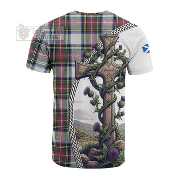 Dennistoun Tartan Cotton T-shirt with Family Crest and St. Andrew's Cross Accented by Thistle Vines