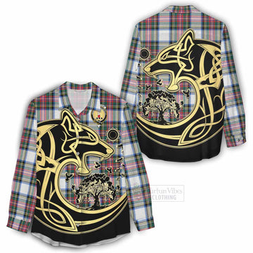 Dennistoun Tartan Women's Casual Shirt with Family Crest Celtic Wolf Style - Tartan Vibes Clothing