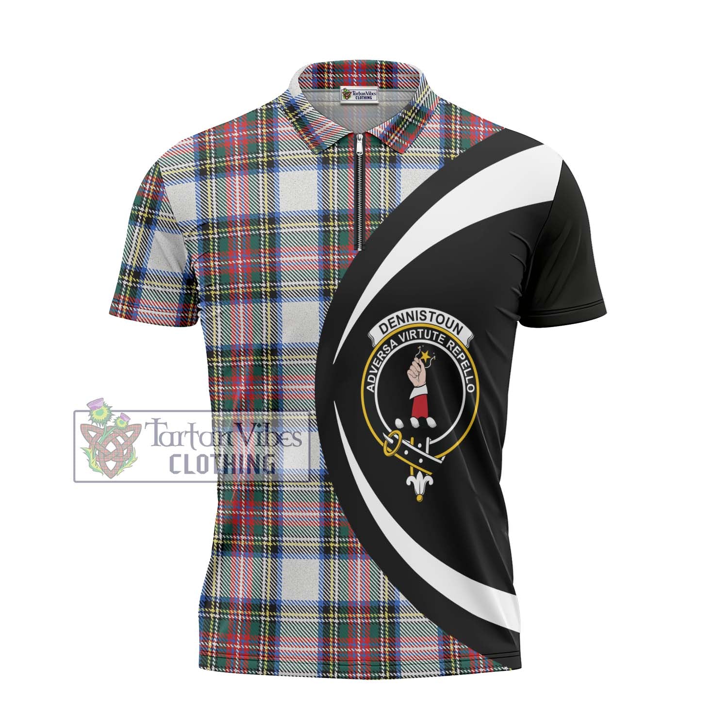 Dennistoun Tartan Zipper Polo Shirt with Family Crest Circle Style - Tartan Vibes Clothing