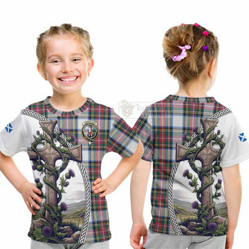Dennistoun Tartan Kid T-Shirt with Family Crest and St. Andrew's Cross Accented by Thistle Vines