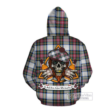 Dennistoun Tartan Cotton Hoodie with Family Crest and Bearded Skull Holding Bottles of Whiskey Pullover Hoodie - Tartan Vibes Clothing