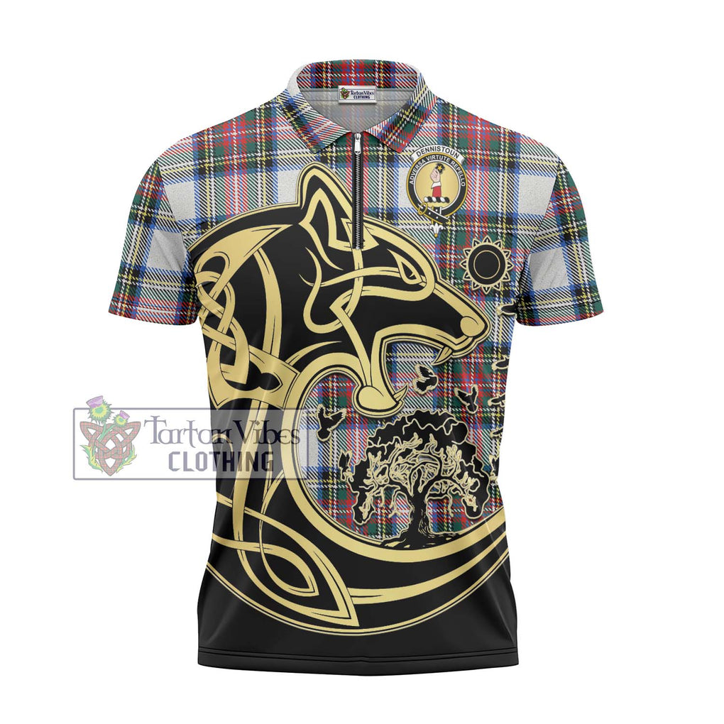 Dennistoun Tartan Zipper Polo Shirt with Family Crest Celtic Wolf Style - Tartan Vibes Clothing