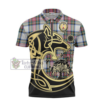 Dennistoun Tartan Zipper Polo Shirt with Family Crest Celtic Wolf Style - Tartan Vibes Clothing