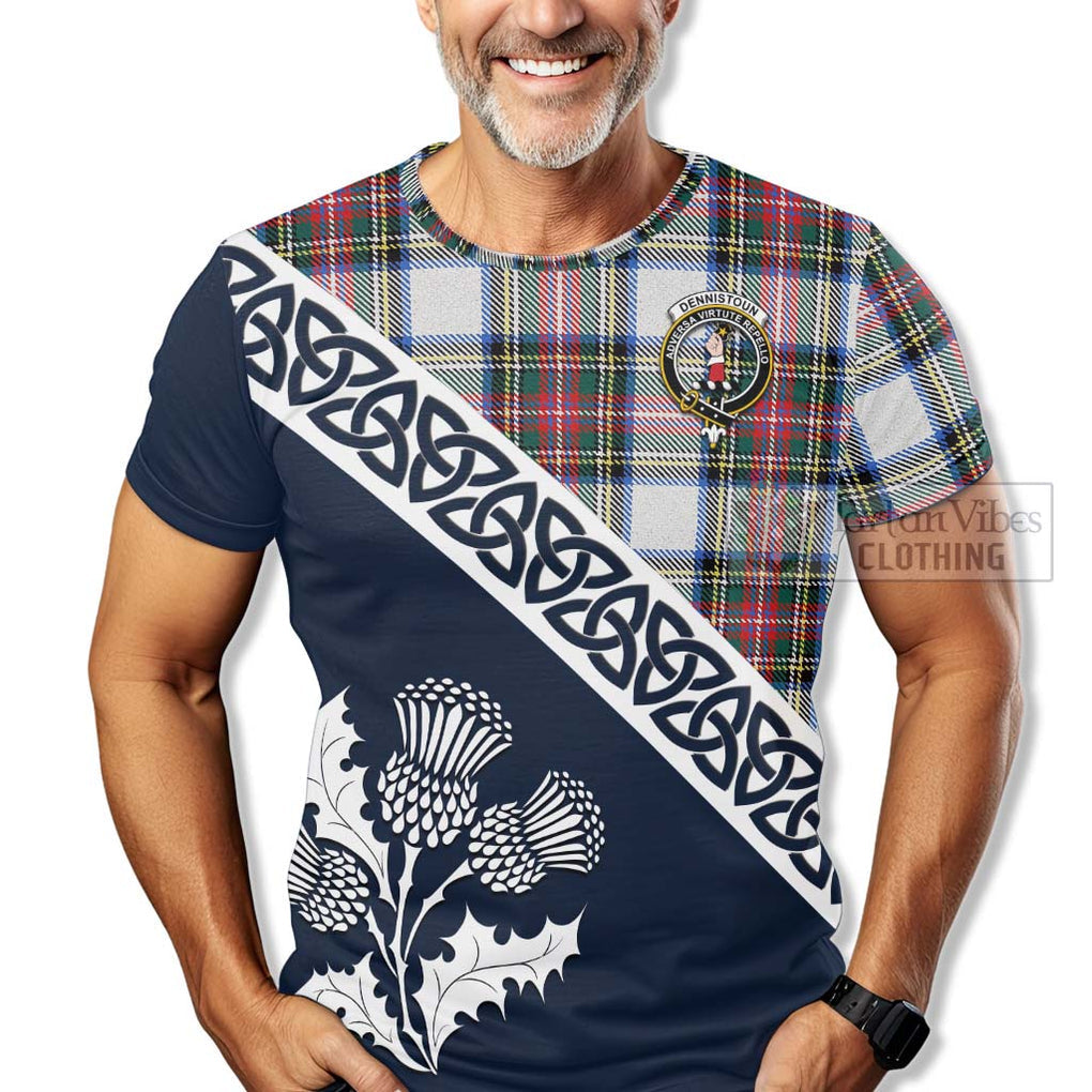 Dennistoun Tartan T-Shirt Featuring Thistle and Scotland Map - Tartanvibesclothing Store