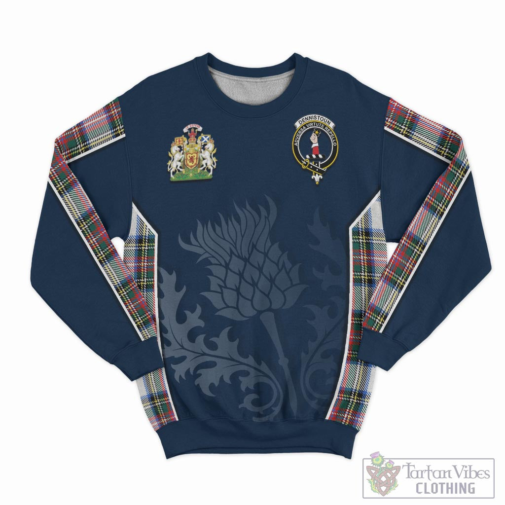 Dennistoun Tartan Sweatshirt with Family Crest and Scottish Thistle Vibes Sport Style - Tartan Vibes Clothing