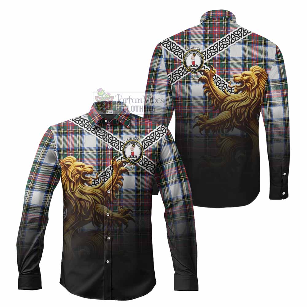 Dennistoun Crest Tartan Long Sleeve Button Shirt with Golden Lion Emblem Celtic Style - Tartan Vibes Clothing