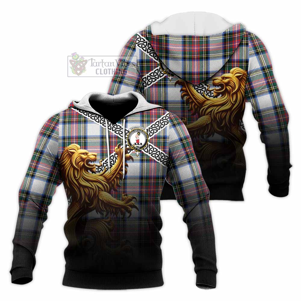 Dennistoun Crest Tartan Knitted Hoodie with Golden Lion Emblem Celtic Style - Tartan Vibes Clothing