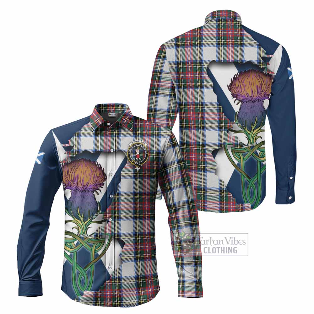 Tartan Vibes Clothing Dennistoun Tartan Family Crest Long Sleeve Button Shirt Scottish Thistle Celtic Inspired
