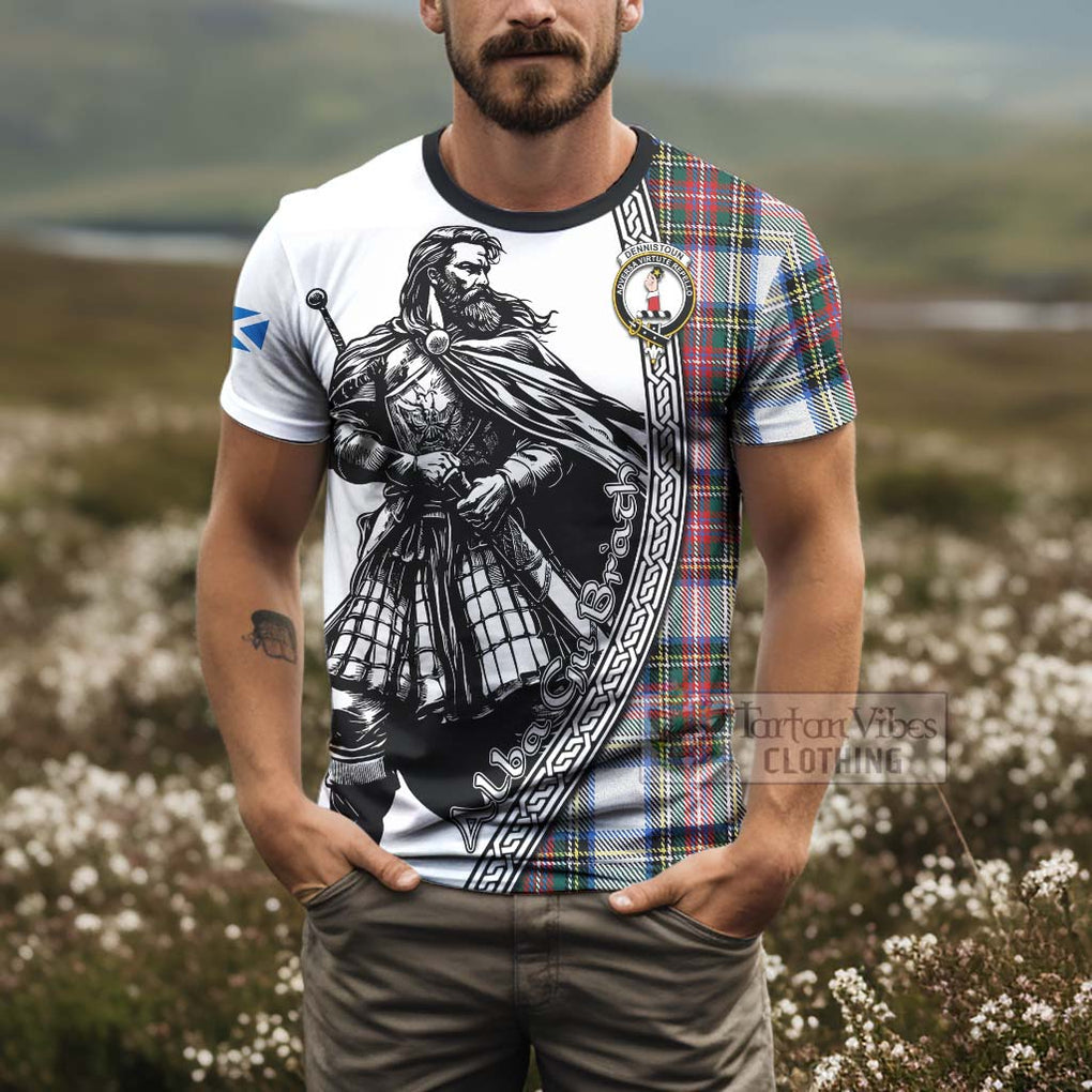 Dennistoun Tartan Clan Crest T-Shirt with Highlander Warrior Celtic Style - Tartan Vibes Clothing