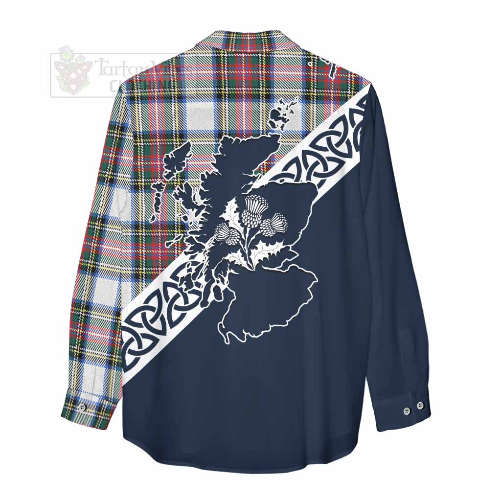 Dennistoun Tartan Women's Casual Shirt Featuring Thistle and Scotland Map - Tartan Vibes Clothing