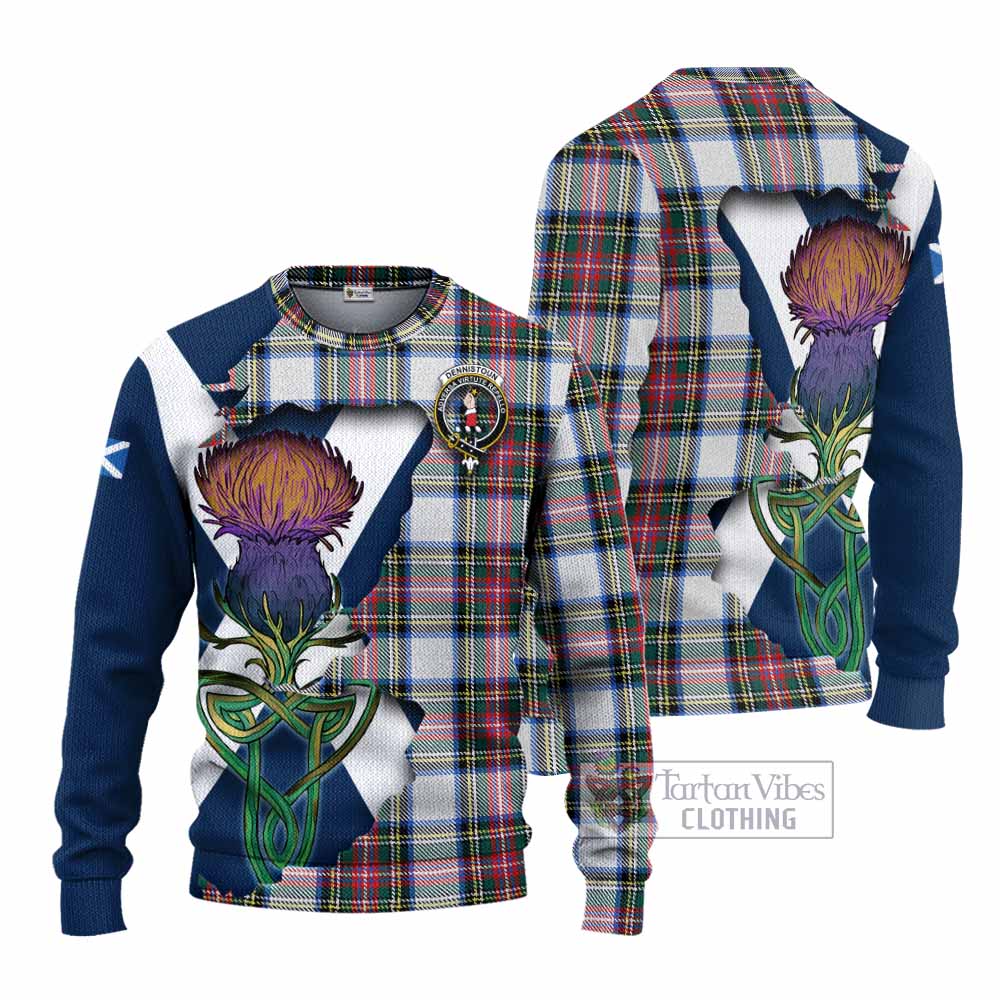 Dennistoun Tartan Family Crest Knitted Sweater Scottish Thistle Celtic Inspired - Tartan Vibes Clothing