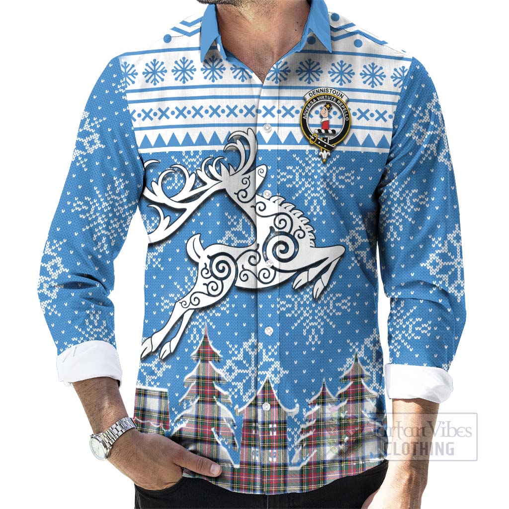 Dennistoun Clan Christmas Long Sleeve Button Shirt Celtic Reindeer Style - Tartan Vibes Clothing