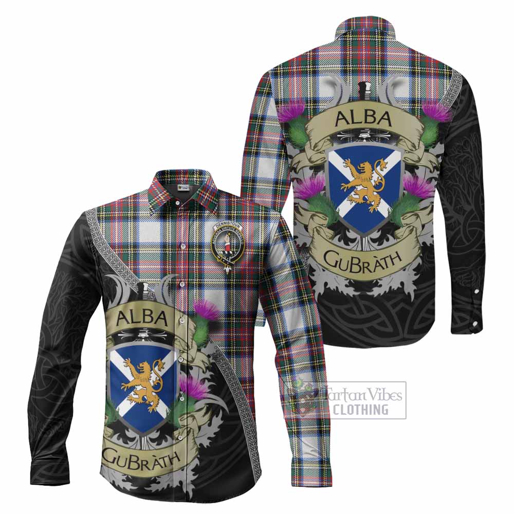 Dennistoun Tartan Family Crest Long Sleeve Button Shirt Lion Rampant Royal Thistle Shield Celtic Inspired - Tartan Vibes Clothing