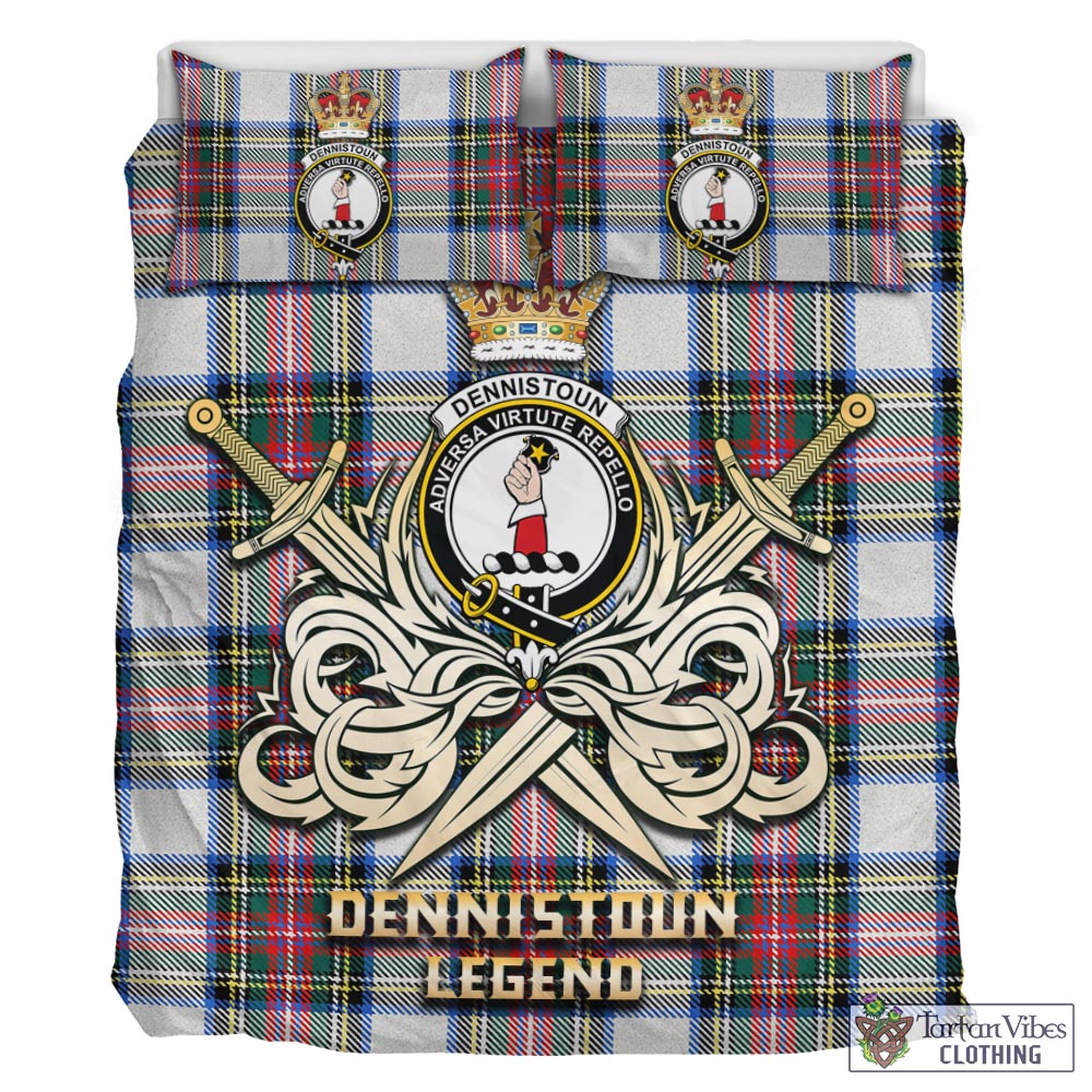 Tartan Vibes Clothing Dennistoun Tartan Bedding Set with Clan Crest and the Golden Sword of Courageous Legacy