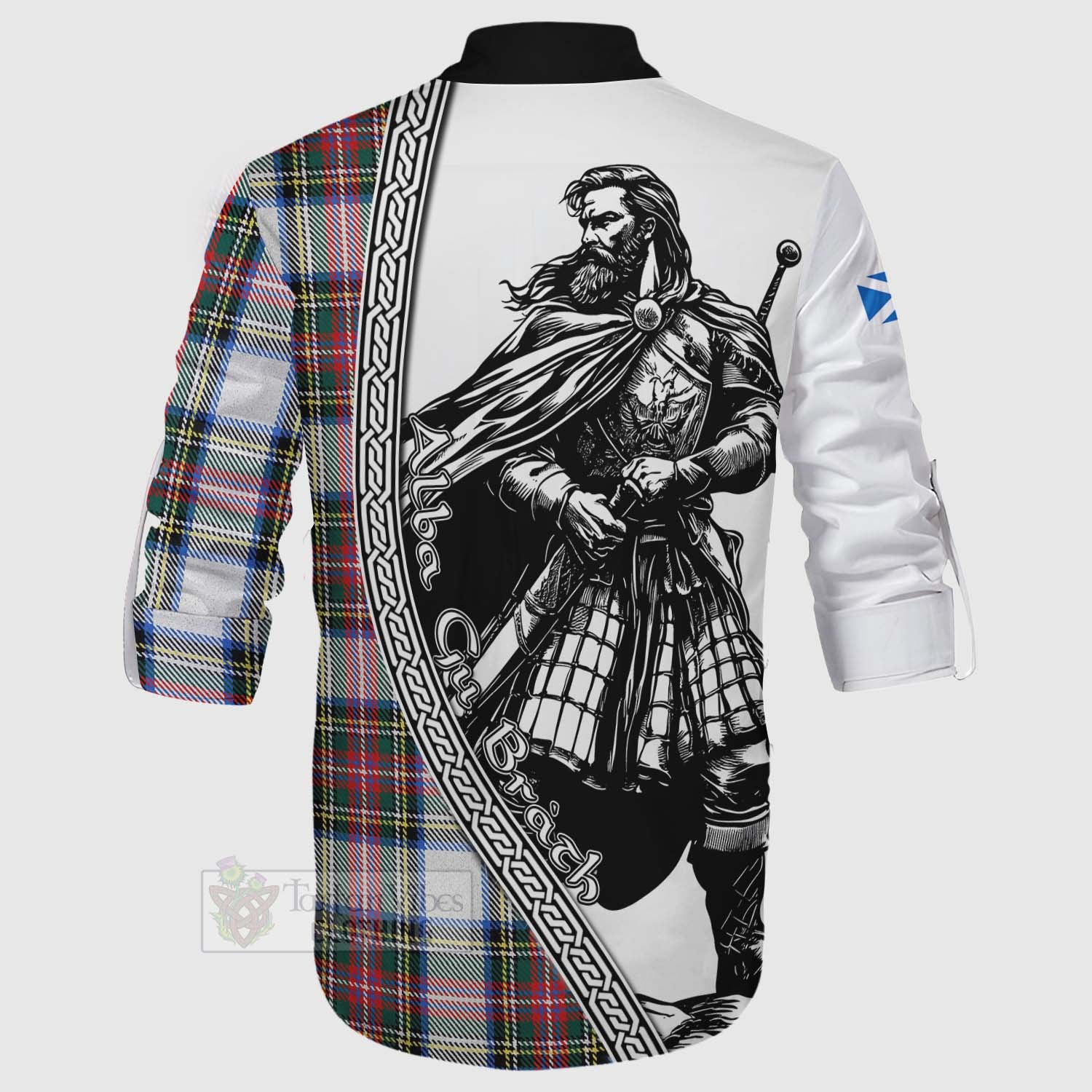 Dennistoun Tartan Clan Crest Ghillie Kilt Shirt with Highlander Warrior Celtic Style - Tartan Vibes Clothing