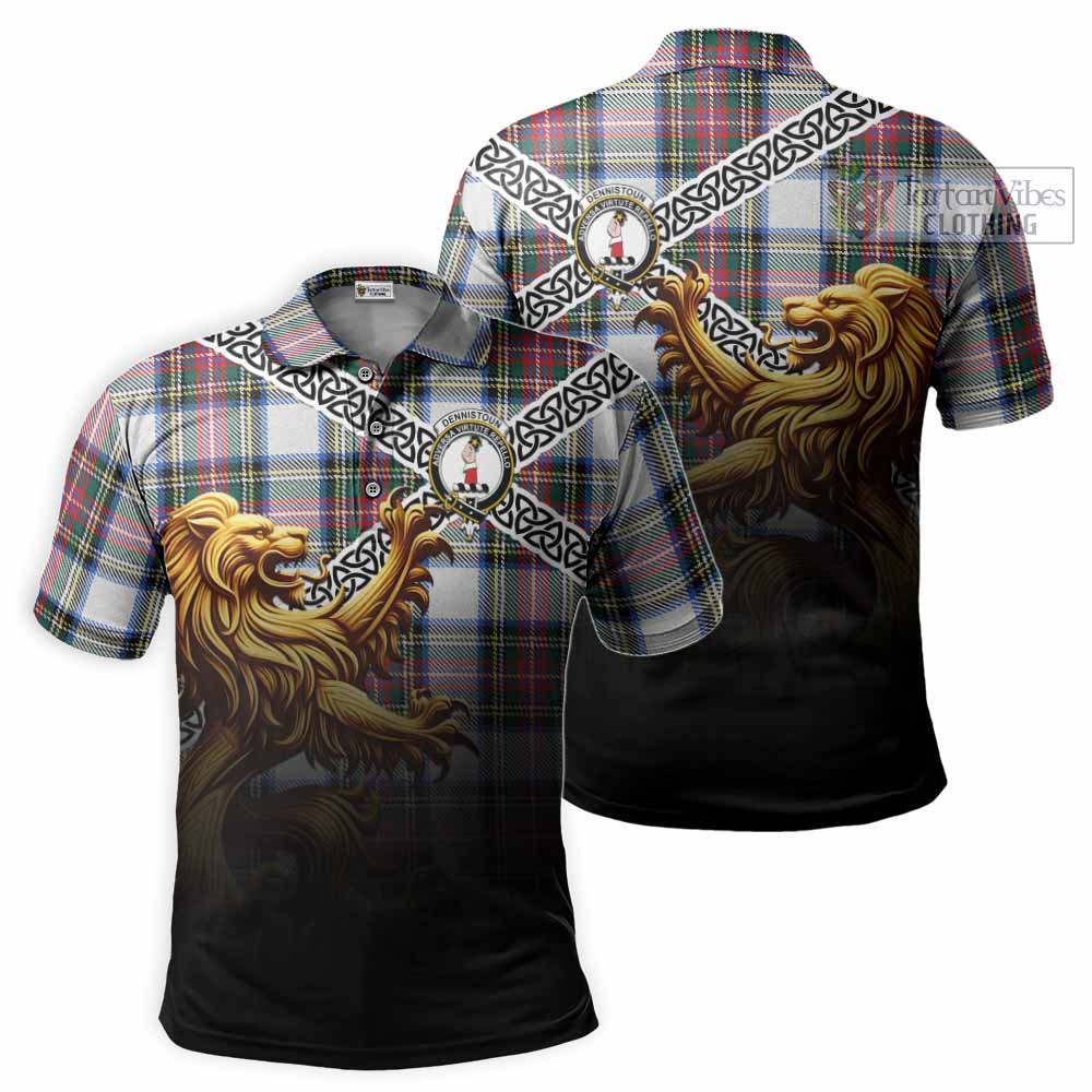 Dennistoun Crest Tartan Polo Shirt with Golden Lion Emblem Celtic Style - Tartan Vibes Clothing
