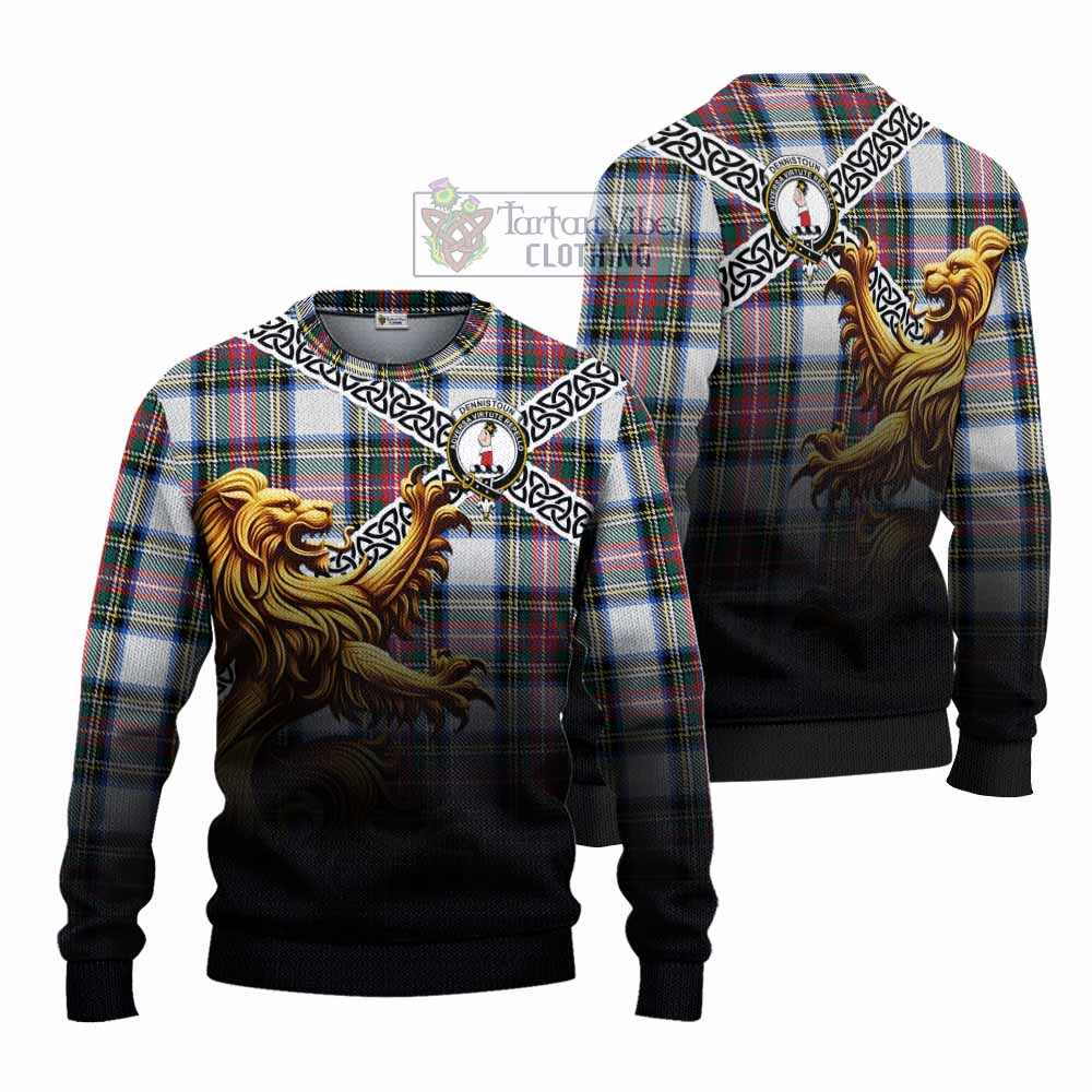 Dennistoun Crest Tartan Knitted Sweater with Golden Lion Emblem Celtic Style - Tartan Vibes Clothing