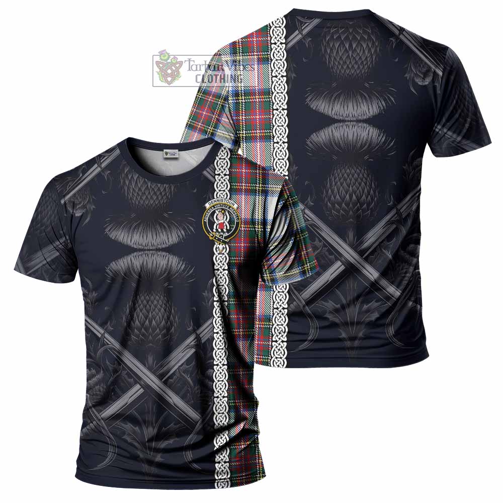 Dennistoun Tartan T-Shirt with Family Crest Cross Sword Thistle Celtic Vibes - Tartan Vibes Clothing