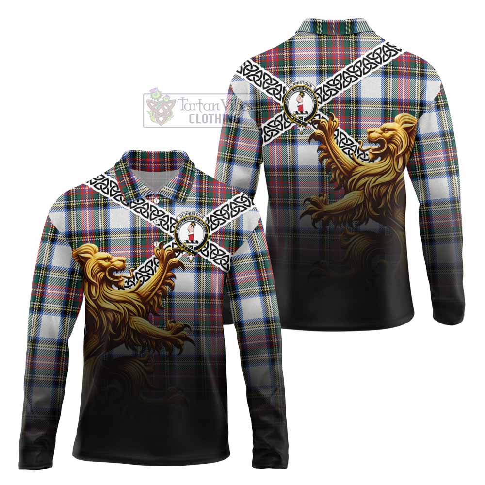 Dennistoun Crest Tartan Long Sleeve Polo Shirt with Golden Lion Emblem Celtic Style - Tartan Vibes Clothing