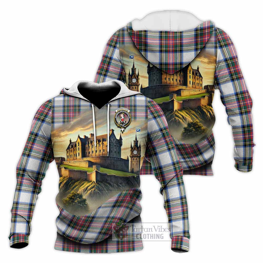 Dennistoun Tartan Family Crest Knitted Hoodie with Scottish Ancient Castle Style - Tartan Vibes Clothing