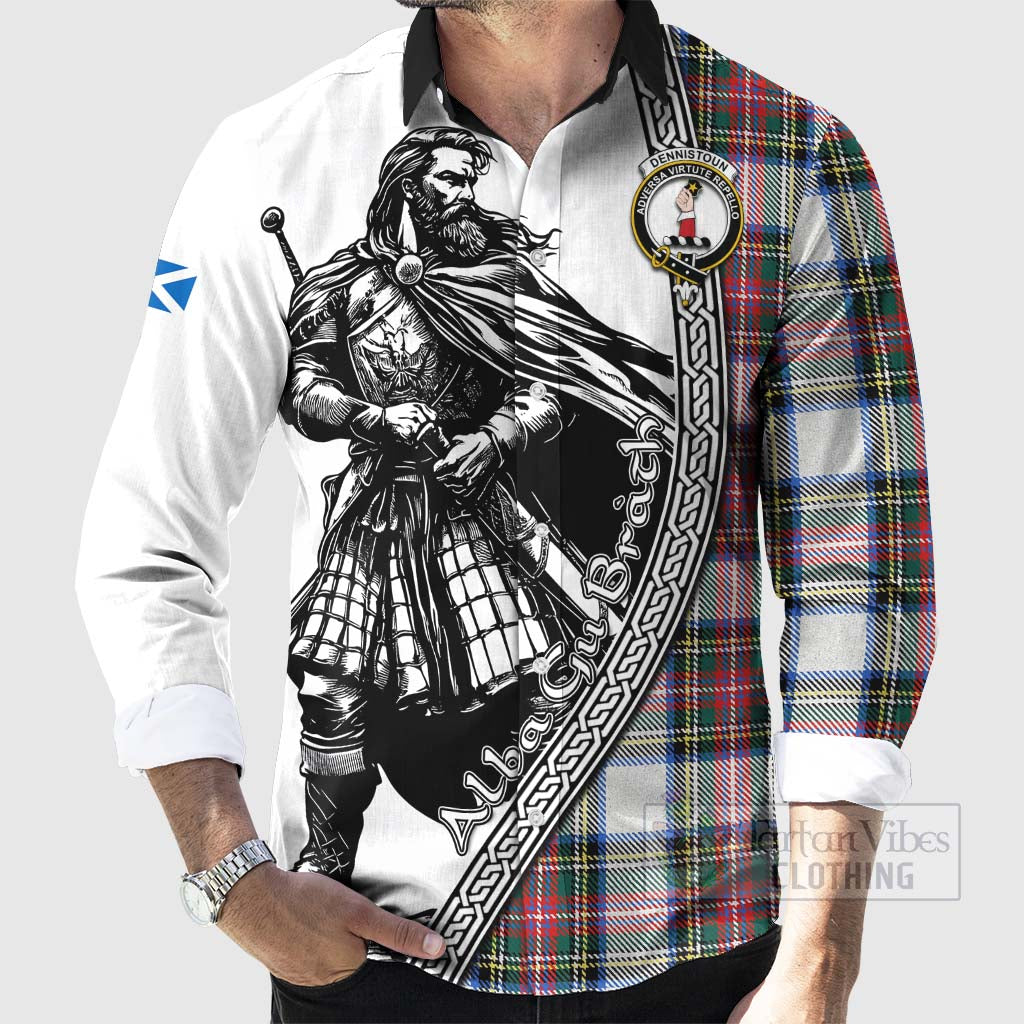 Dennistoun Tartan Clan Crest Long Sleeve Button Shirt with Highlander Warrior Celtic Style - Tartan Vibes Clothing