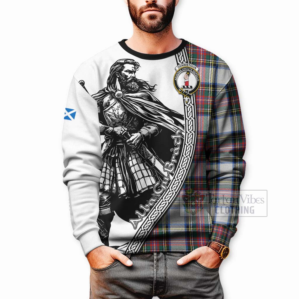Dennistoun Tartan Clan Crest Sweatshirt with Highlander Warrior Celtic Style - Tartan Vibes Clothing