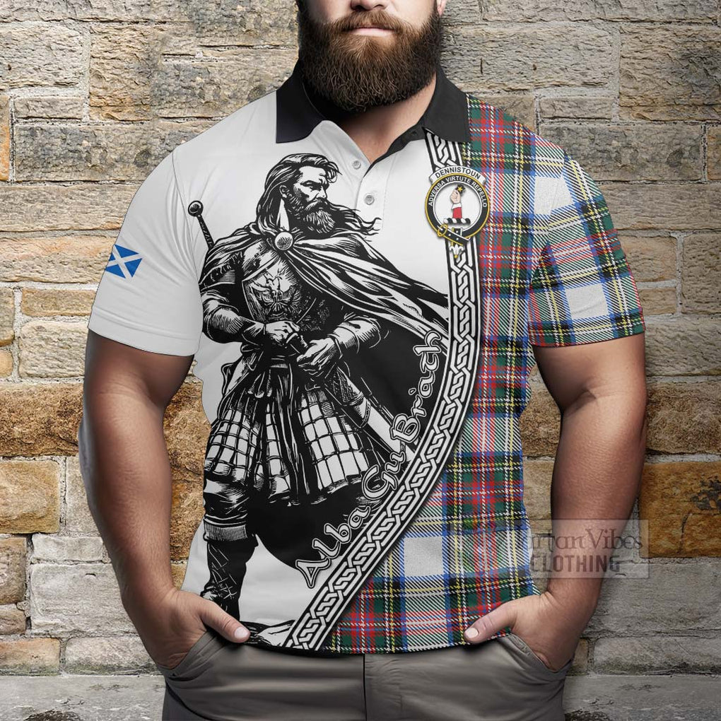 Dennistoun Tartan Clan Crest Polo Shirt with Highlander Warrior Celtic Style - Tartan Vibes Clothing