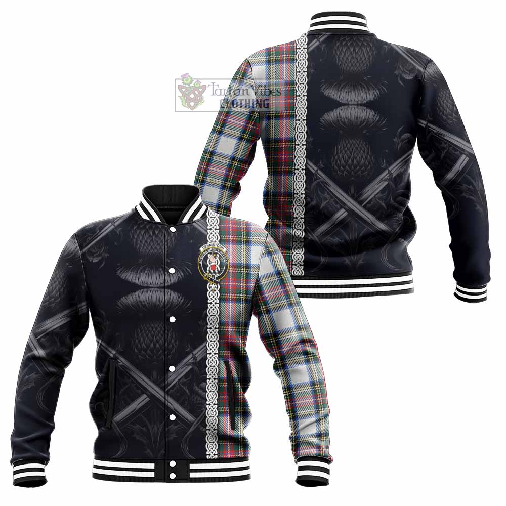 Dennistoun Tartan Baseball Jacket with Family Crest Cross Sword Thistle Celtic Vibes - Tartan Vibes Clothing