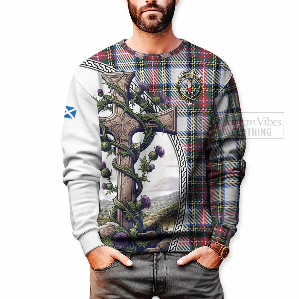 Dennistoun Tartan Sweatshirt with Family Crest and St. Andrew's Cross Accented by Thistle Vines - Tartan Vibes Clothing