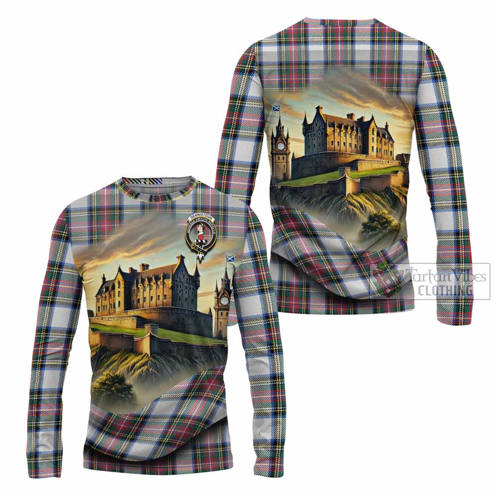 Dennistoun Tartan Family Crest Long Sleeve T-Shirt with Scottish Ancient Castle Style - Tartan Vibes Clothing