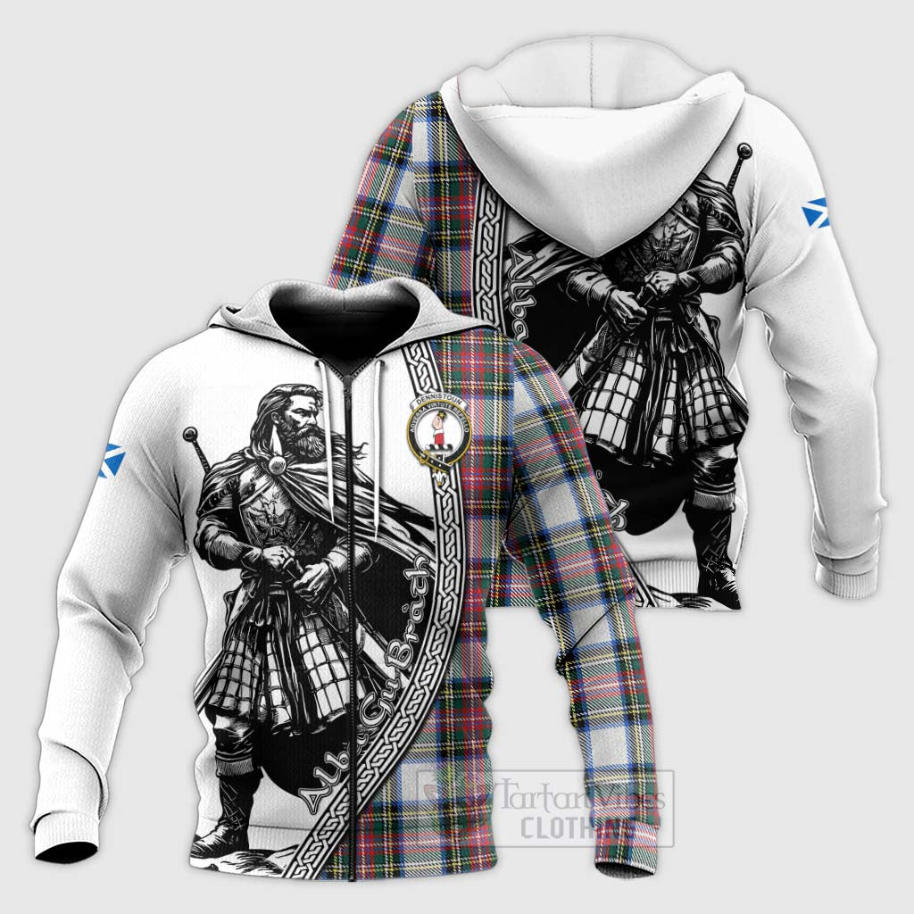 Dennistoun Tartan Clan Crest Knitted Hoodie with Highlander Warrior Celtic Style Unisex Knitted Zip Hoodie - Tartan Vibes Clothing