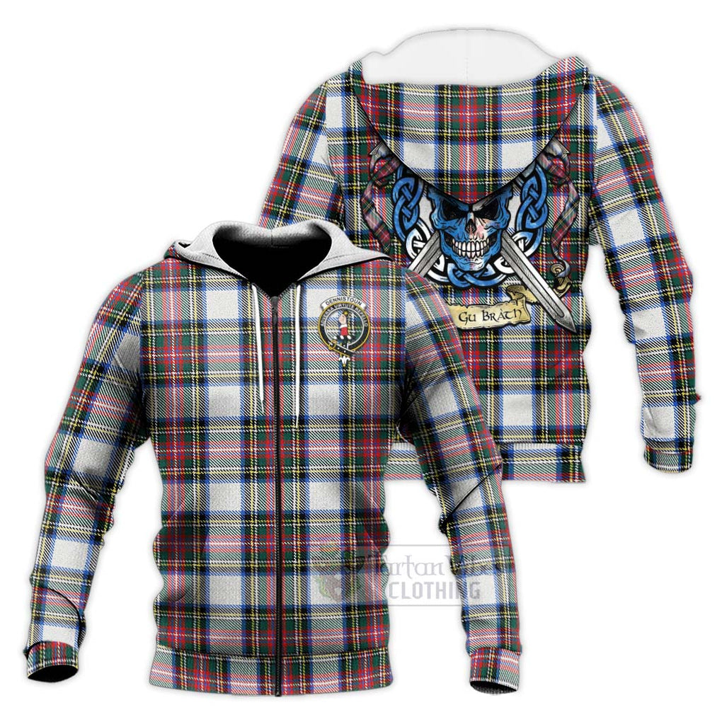 Dennistoun Tartan Knitted Hoodie with Family Crest Celtic Skull Style Unisex Knitted Zip Hoodie - Tartan Vibes Clothing