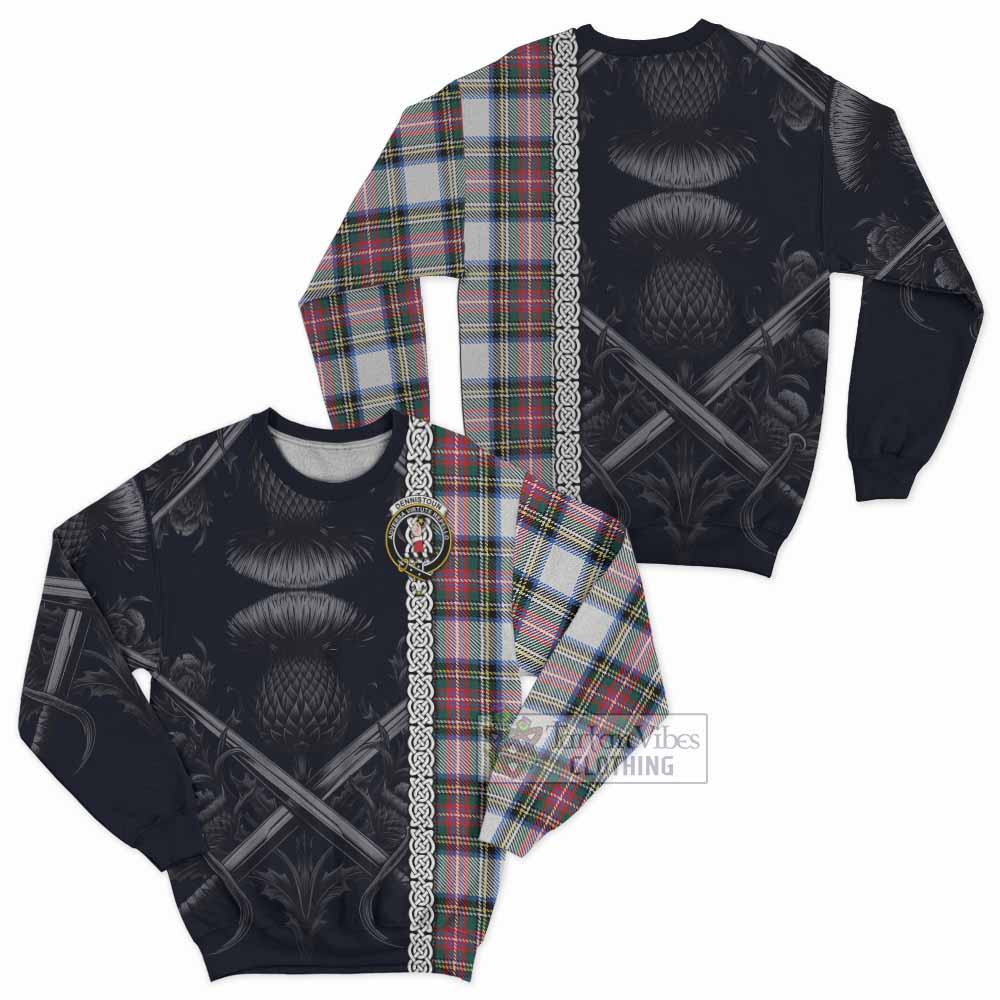 Dennistoun Tartan Sweatshirt with Family Crest Cross Sword Thistle Celtic Vibes - Tartan Vibes Clothing