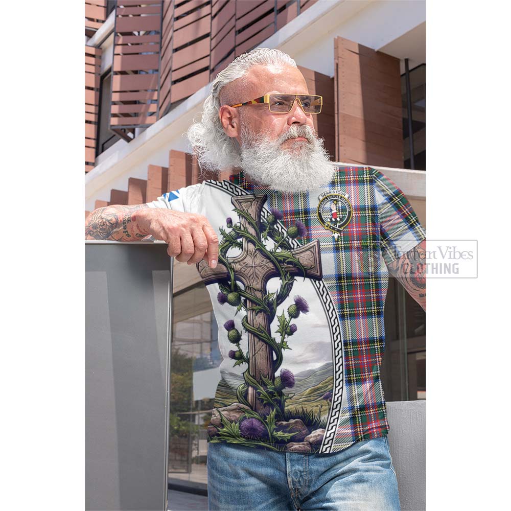 Tartan Vibes Clothing Dennistoun Tartan Cotton T-shirt with Family Crest and St. Andrew's Cross Accented by Thistle Vines