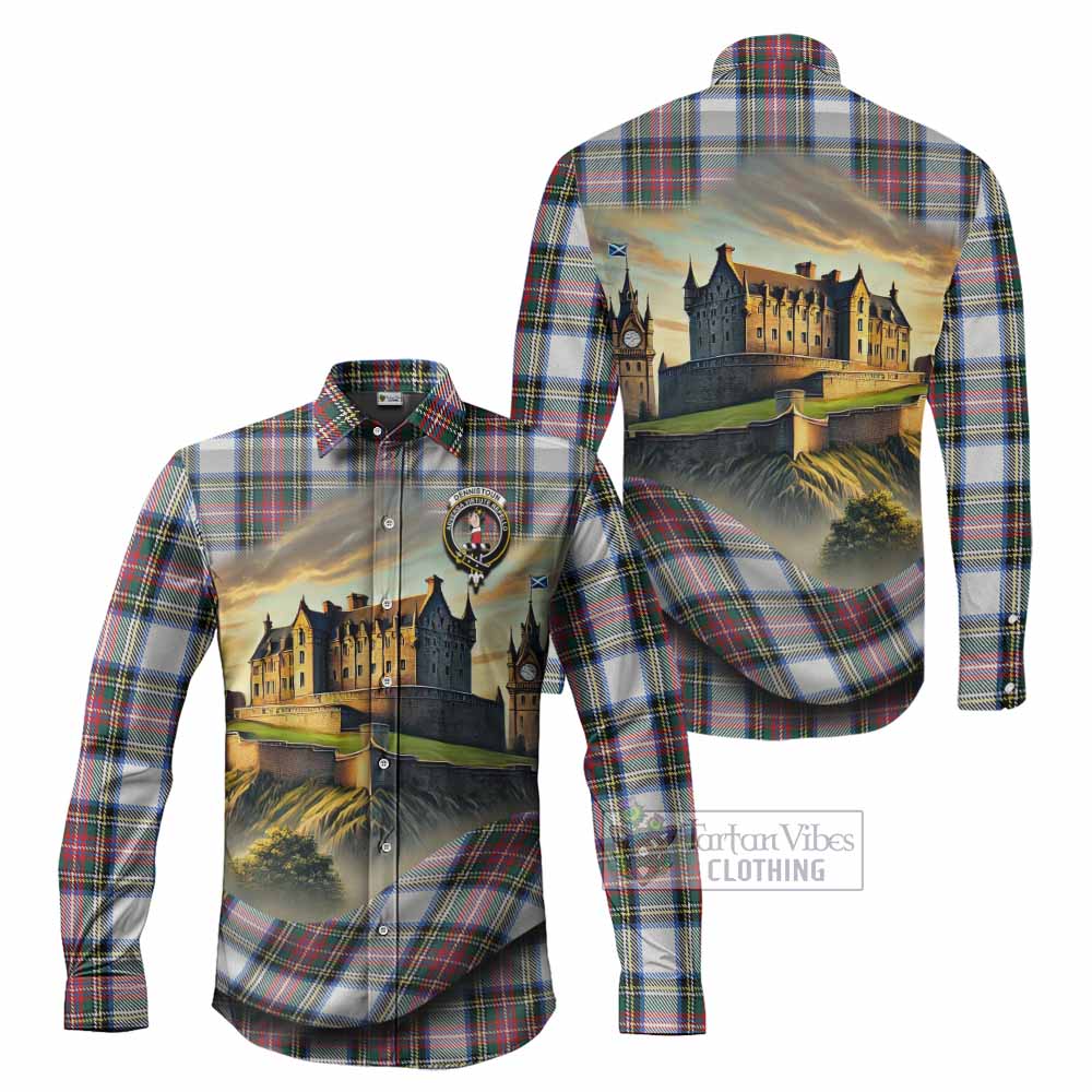 Tartan Vibes Clothing Dennistoun Tartan Family Crest Long Sleeve Button Shirt with Scottish Ancient Castle Style