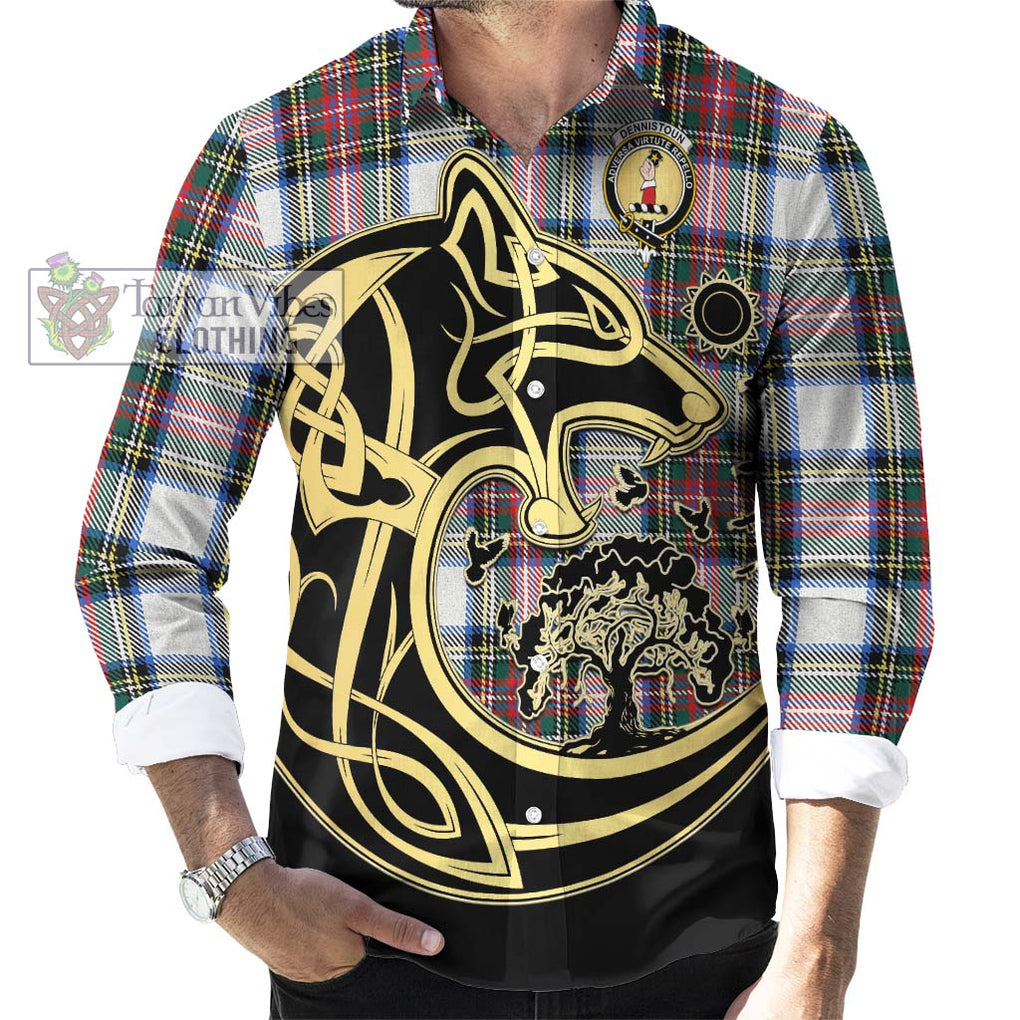 Dennistoun Tartan Long Sleeve Button Shirt with Family Crest Celtic Wolf Style - Tartan Vibes Clothing