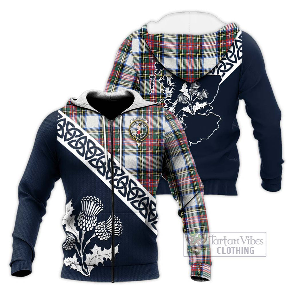Dennistoun Tartan Knitted Hoodie Featuring Thistle and Scotland Map Unisex Knitted Zip Hoodie - Tartan Vibes Clothing
