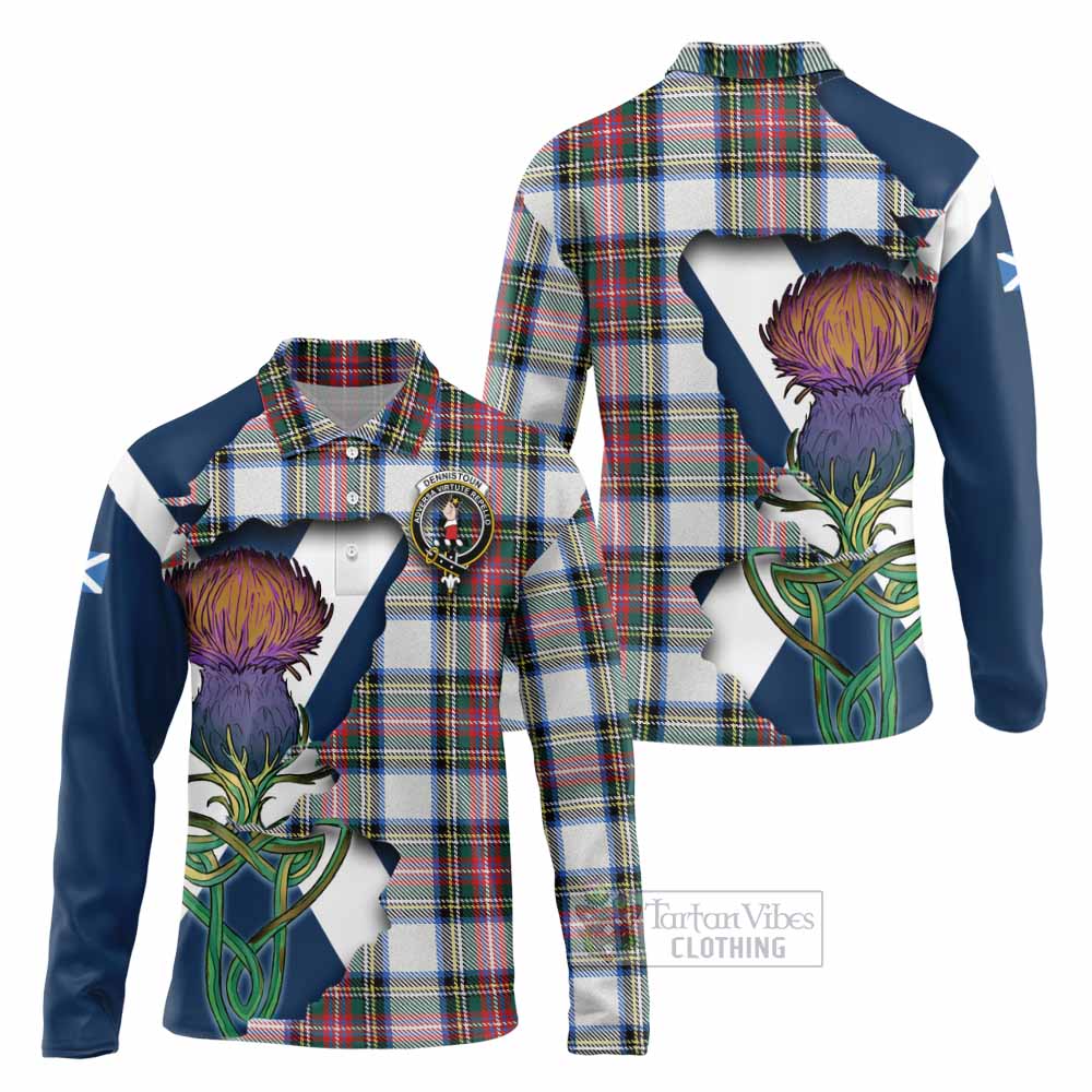 Dennistoun Tartan Family Crest Long Sleeve Polo Shirt Scottish Thistle Celtic Inspired - Tartan Vibes Clothing