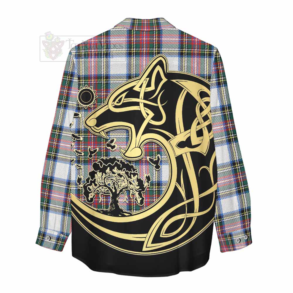 Dennistoun Tartan Women's Casual Shirt with Family Crest Celtic Wolf Style - Tartan Vibes Clothing