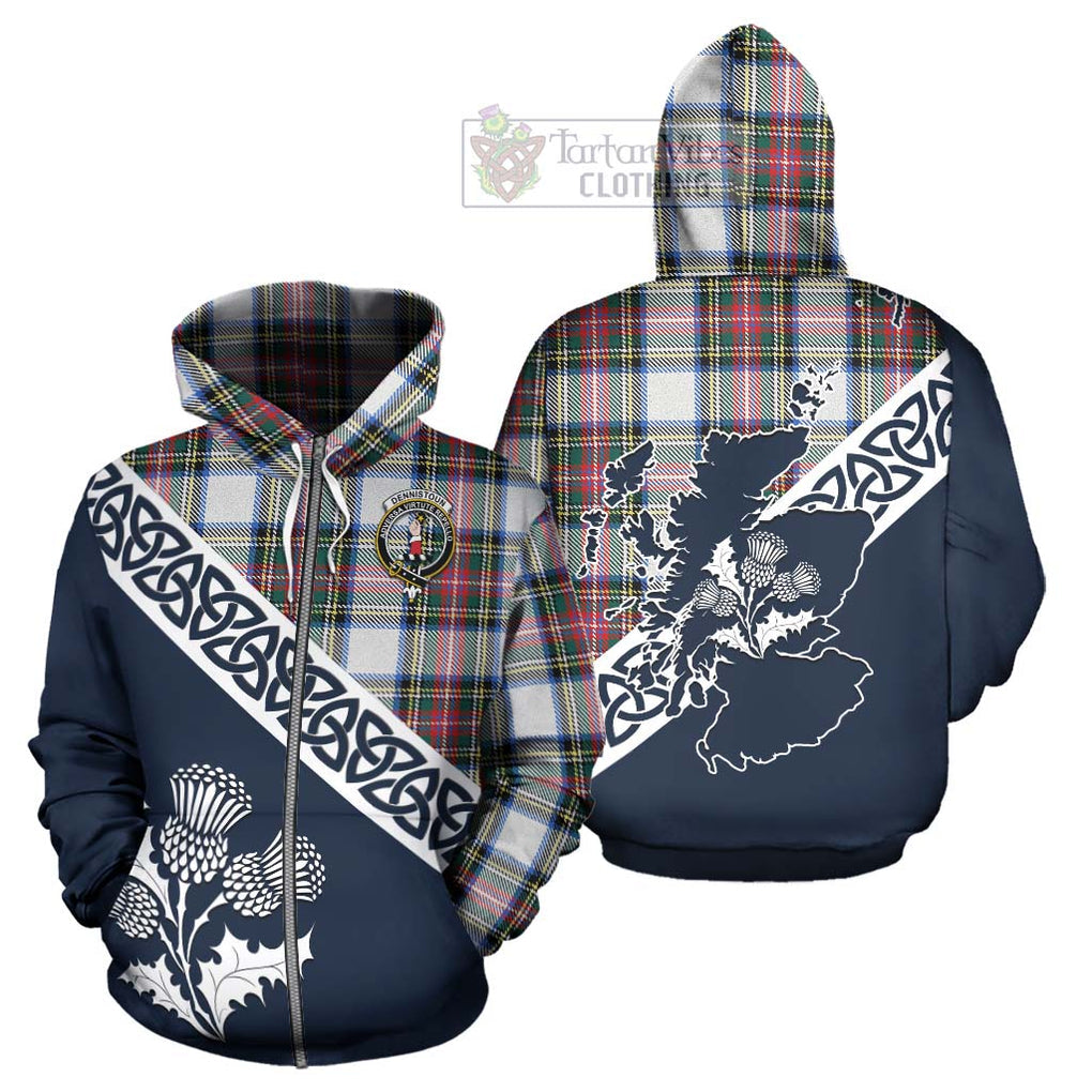Dennistoun Tartan Hoodie Featuring Thistle and Scotland Map - Tartan Vibes Clothing