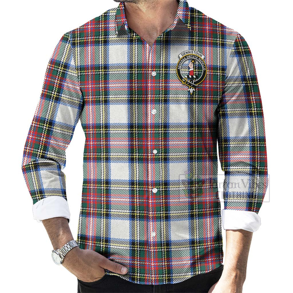 Dennistoun Tartan Long Sleeve Button Shirt with Family Crest Celtic Skull Style - Tartan Vibes Clothing