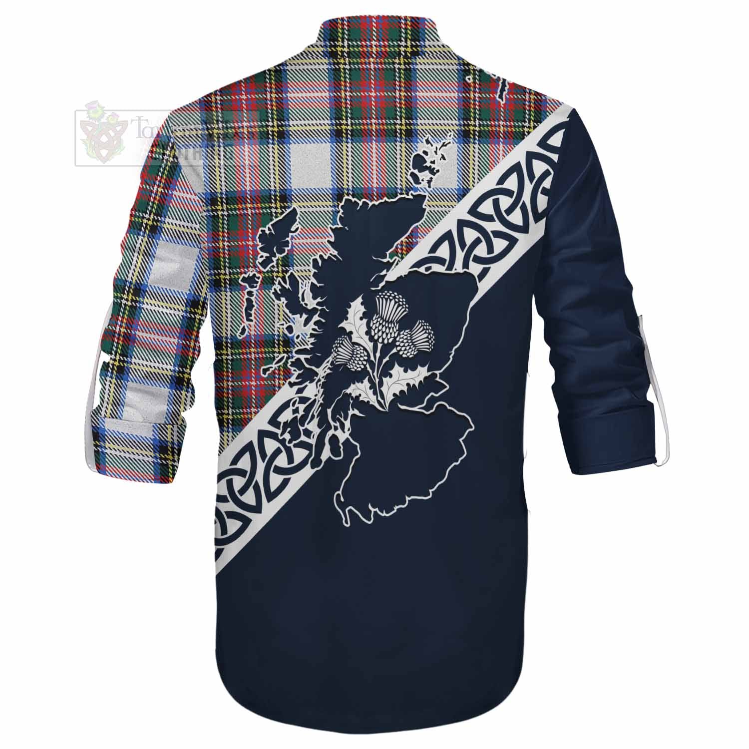 Dennistoun Tartan Ghillie Kilt Shirt Featuring Thistle and Scotland Map - Tartan Vibes Clothing